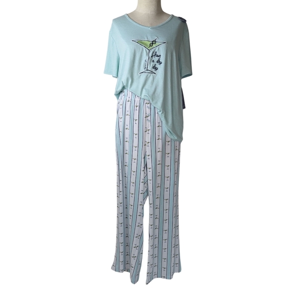 Life Is Good Martini Embroidery & Print PJ Set Short Sleeve Top Pant Teal XL NWT - Picture 1 of 16